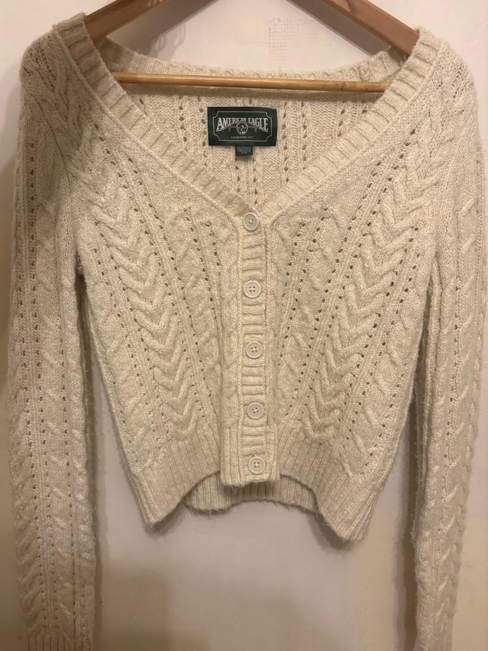 American Eagle Outfitters Cream Cable Knit V-Neck Button Cardigan